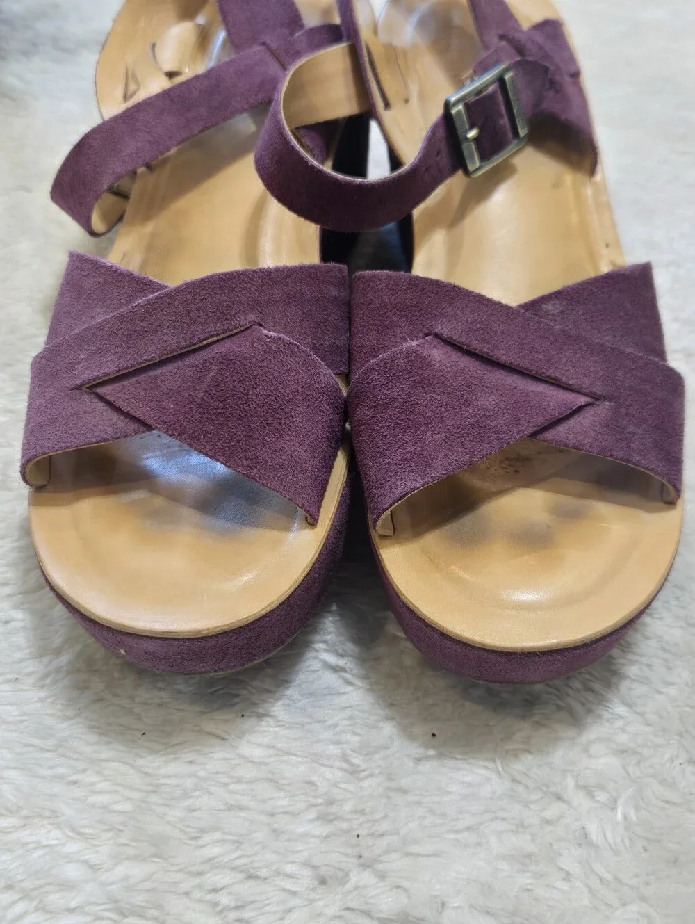 Kork-Ease Purple Leather Platform Chinky Wedge Eclectic Funky Retro Sandals, 9